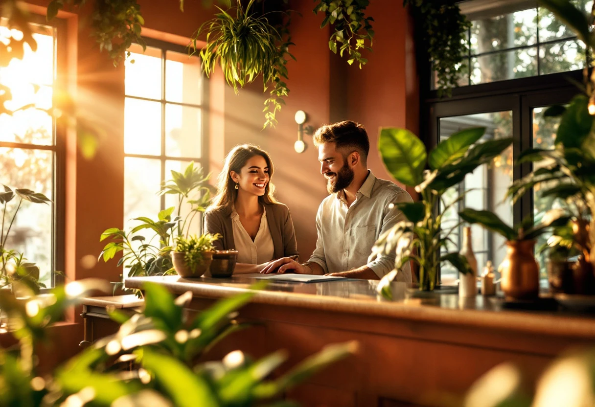 Recepción de hotel boutique con un huésped y luz dorada
